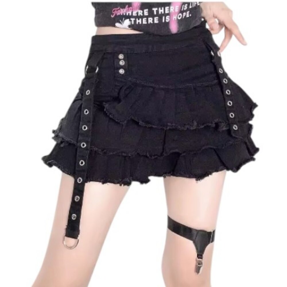 black gothic mini ruffled denim skirt with grommet straps size S